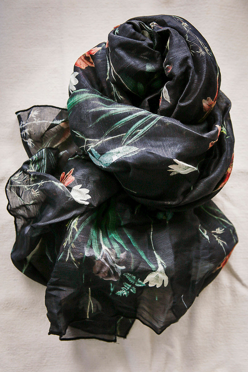 Linen Silk Scarf Black Botanical